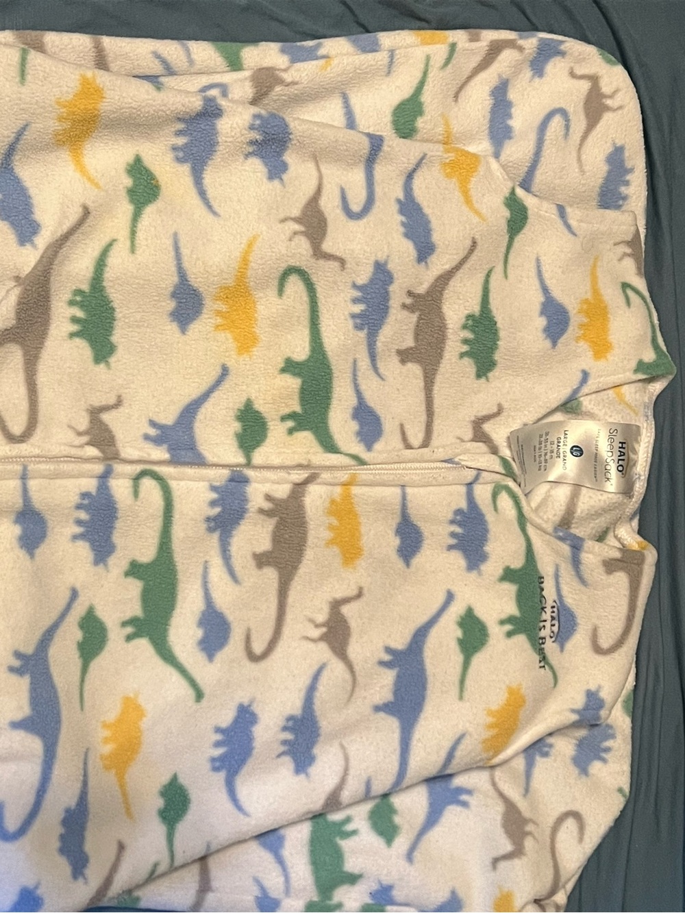 Halo Fleece Baby Sleep Sack in White with Blue and Green Dino Print